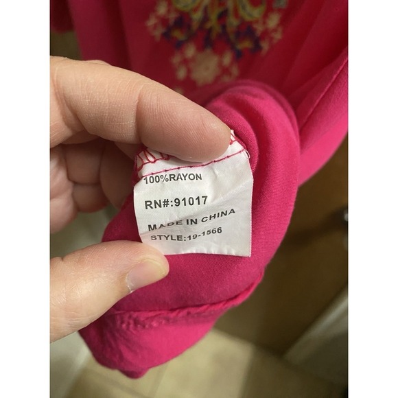 Luna Moon Hot Pink Boho Tunic Floral Embroidered Blouse Half Button Light Size L - Picture 10 of 16